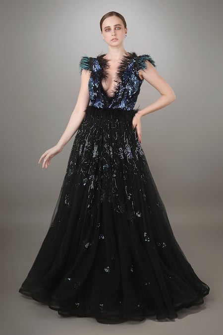 Anjum Qureshi Black Net Floral, Sequin Plunge V Neck Embroidered Gown 