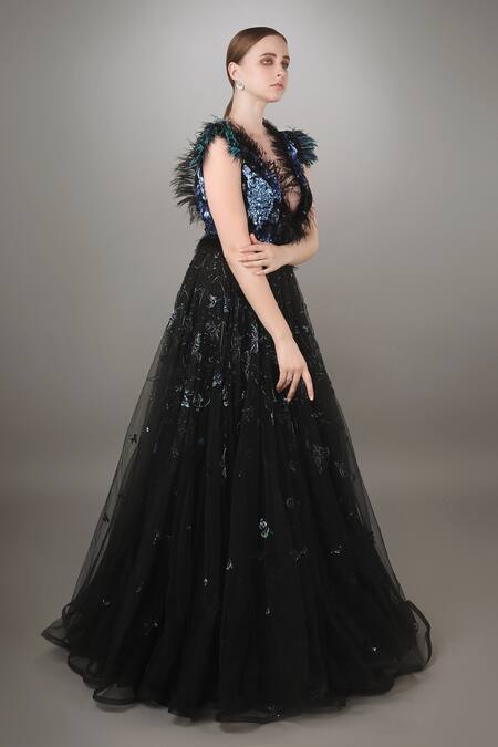 Anjum Qureshi Black Net Floral, Sequin Plunge V Neck Embroidered Gown Online at Aza Fashions Anjum Qureshi_Black Net Floral, Sequin Plunge V Neck Embroidered Gown _Online_at_Aza_Fashions