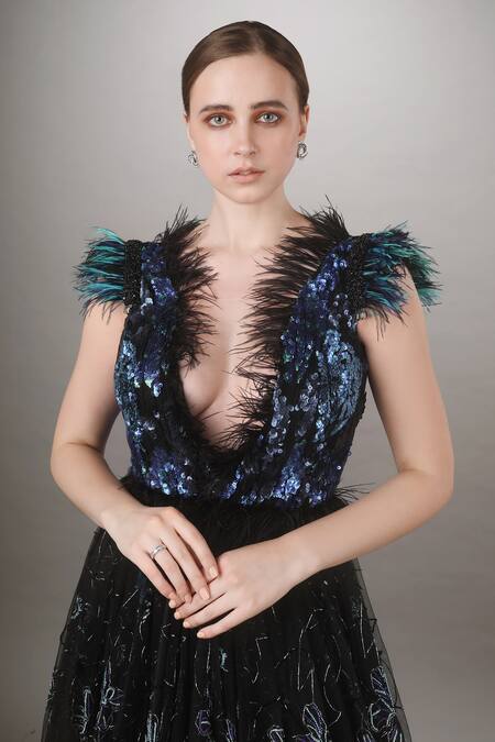 Buy Anjum Qureshi Black Net Floral, Sequin Plunge V Neck Embroidered Gown Online at Aza Fashions Buy_Anjum Qureshi_Black Net Floral, Sequin Plunge V Neck Embroidered Gown _Online_at_Aza_Fashions