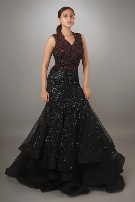 Anjum Qureshi Sequin Embroidered Layered Gown 