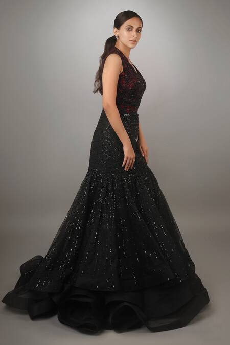 Anjum Qureshi_Red Organza, Net Sequin, Bead V Neck Embroidered Layered Gown _Online_at_Aza_Fashions