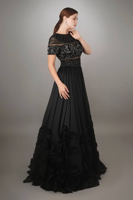 Anjum Qureshi Black Net, Velvet, Satin Georgette Abstract, Metallic Round Embroidered Gown Online at Aza Fashions Anjum Qureshi_Black Net, Velvet, Satin Georgette Abstract, Metallic Round Embroidered Gown _Online_at_Aza_Fashions