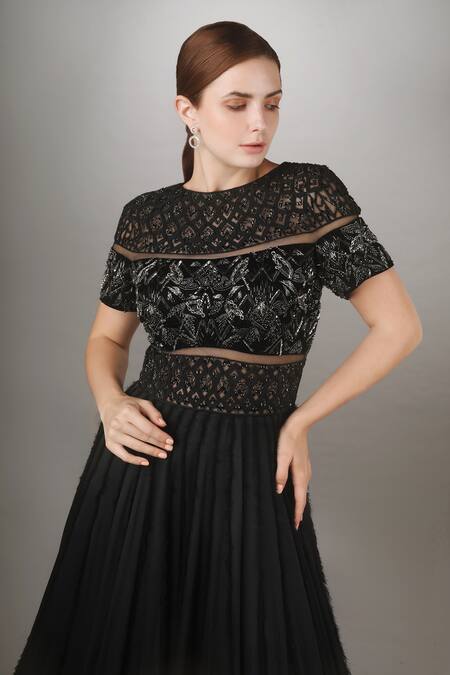 Buy Anjum Qureshi Black Net, Velvet, Satin Georgette Abstract, Metallic Round Embroidered Gown Online at Aza Fashions Buy_Anjum Qureshi_Black Net, Velvet, Satin Georgette Abstract, Metallic Round Embroidered Gown _Online_at_Aza_Fashions