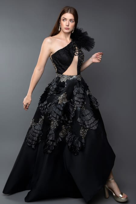 Anjum Qureshi Black Taffeta Embellished Metallic Asymmetric One Shoulder Gown 