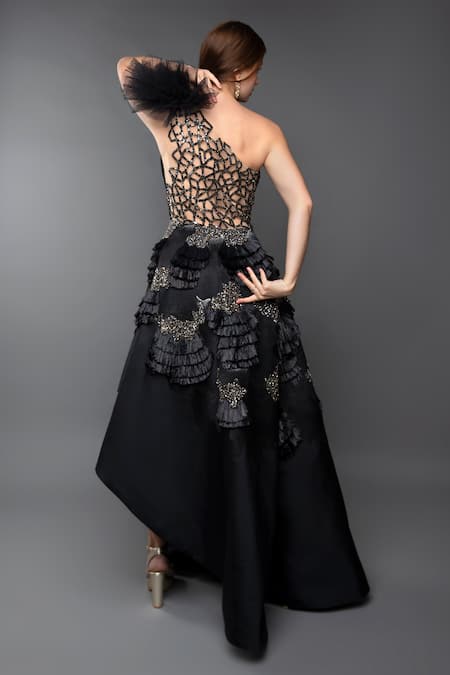 Shop_Anjum Qureshi_Black Silk, Taffeta Metallic Asymmetric One Shoulder Embellished Gown _at_Aza_Fashions