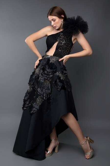 Anjum Qureshi_Black Silk, Taffeta Metallic Asymmetric One Shoulder Embellished Gown _Online_at_Aza_Fashions