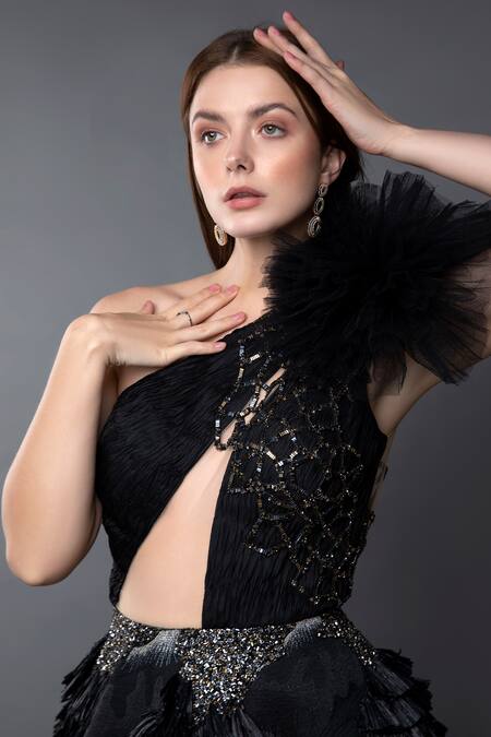 Buy_Anjum Qureshi_Black Silk, Taffeta Metallic Asymmetric One Shoulder Embellished Gown _Online_at_Aza_Fashions