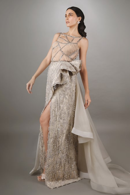 Anjum Qureshi Beige Organza, Net, Georgette Metallic Boat Embellished Dress Online at Aza Fashions Anjum Qureshi_Beige Organza, Net, Georgette Metallic Boat Embellished Dress _Online_at_Aza_Fashions