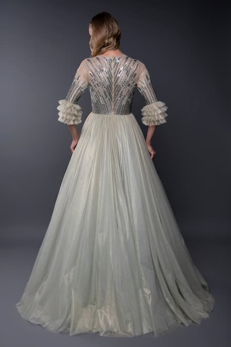 Shop_Anjum Qureshi_Green Net Metallic Round Embroidered Gown _at_Aza_Fashions