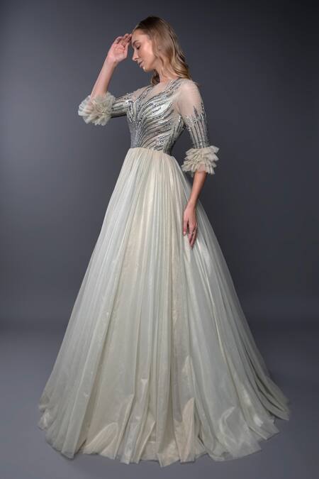 Anjum Qureshi_Green Net Metallic Round Embroidered Gown _Online_at_Aza_Fashions