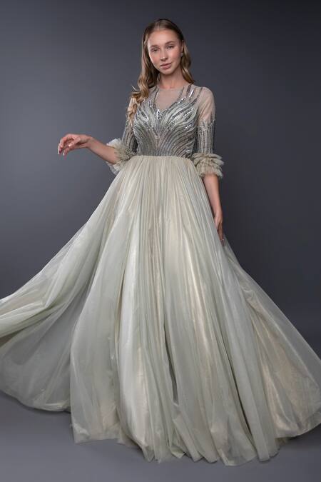 Buy_Anjum Qureshi_Green Net Metallic Round Embroidered Gown _Online_at_Aza_Fashions