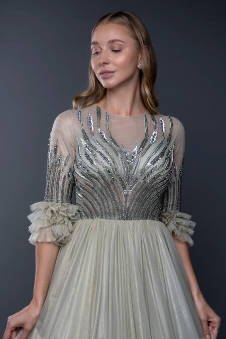 Shop_Anjum Qureshi_Green Net Metallic Round Embroidered Gown _Online_at_Aza_Fashions