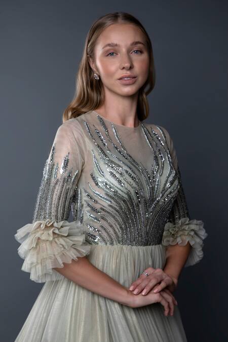 Anjum Qureshi_Green Net Metallic Round Embroidered Gown _at_Aza_Fashions