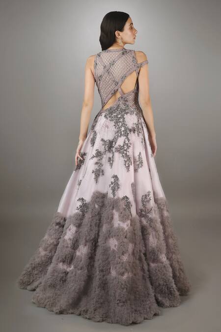 Shop Anjum Qureshi Purple Organza, Net Checkered, Floral V Neck Embroidered Gown at Aza Fashions Shop_Anjum Qureshi_Purple Organza, Net Checkered, Floral V Neck Embroidered Gown _at_Aza_Fashions