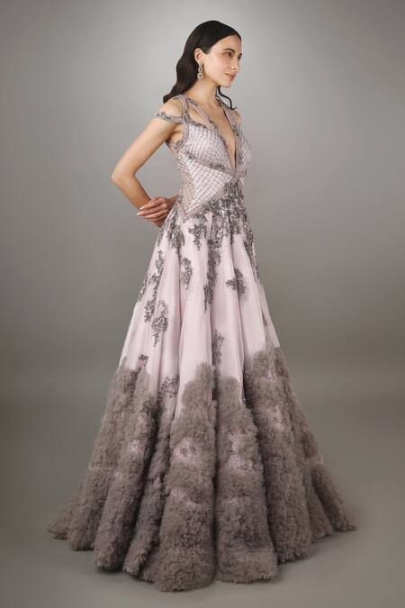 Anjum Qureshi Purple Organza, Net Checkered, Floral V Neck Embroidered Gown Online at Aza Fashions Anjum Qureshi_Purple Organza, Net Checkered, Floral V Neck Embroidered Gown _Online_at_Aza_Fashions