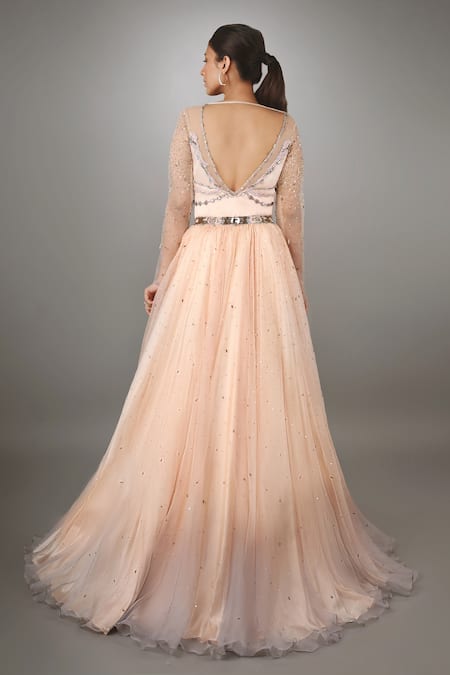 Shop Anjum Qureshi Peach Organza, Net, Satin Floral V Neck Embellished Gown at Aza Fashions Shop_Anjum Qureshi_Peach Organza, Net, Satin Floral V Neck Embellished Gown _at_Aza_Fashions