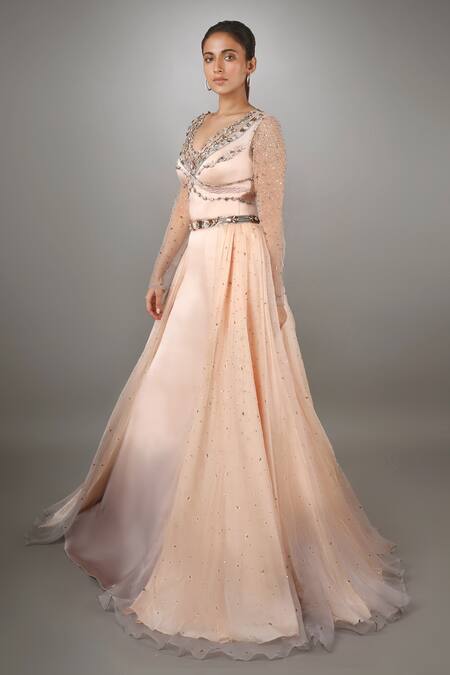 Anjum Qureshi Peach Organza, Net, Satin Floral V Neck Embellished Gown Online at Aza Fashions Anjum Qureshi_Peach Organza, Net, Satin Floral V Neck Embellished Gown _Online_at_Aza_Fashions