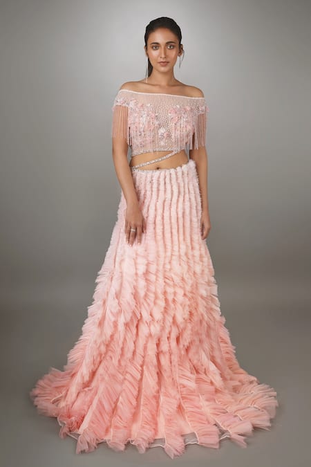 Anjum Qureshi Pink Organza, Net Floral, Tassel Straight Embroidered Ruffle Textured Gown 
