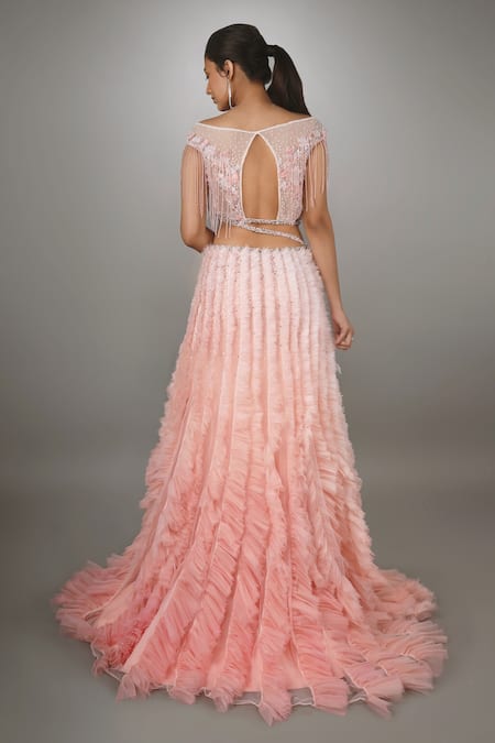Shop Anjum Qureshi Pink Organza, Net Floral, Tassel Straight Embroidered Ruffle Textured Gown at Aza Fashions Shop_Anjum Qureshi_Pink Organza, Net Floral, Tassel Straight Embroidered Ruffle Textured Gown _at_Aza_Fashions