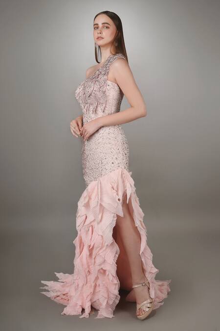 Anjum Qureshi Pink Net, Georgette Petal Asymmetric Embroidered Gown Online at Aza Fashions Anjum Qureshi_Pink Net, Georgette Petal Asymmetric Embroidered Gown _Online_at_Aza_Fashions