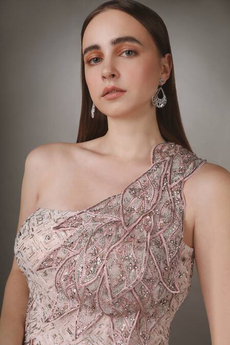 Buy Anjum Qureshi Pink Net, Georgette Petal Asymmetric Embroidered Gown Online at Aza Fashions Buy_Anjum Qureshi_Pink Net, Georgette Petal Asymmetric Embroidered Gown _Online_at_Aza_Fashions