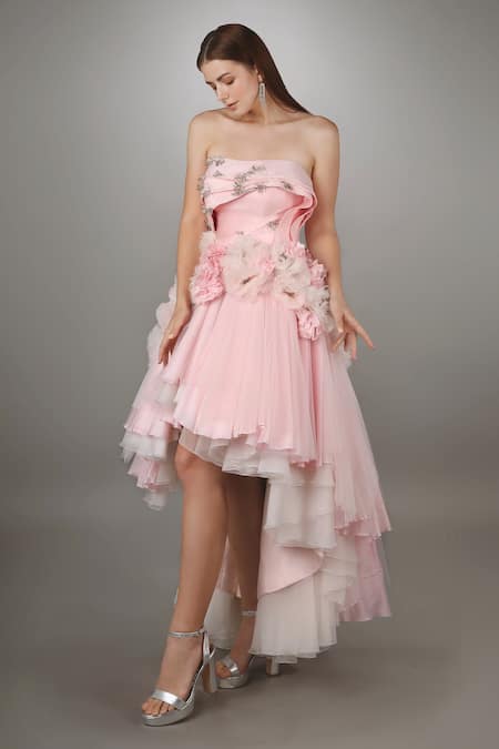 Anjum Qureshi Pink Silk, Organza, Net Floral Embroidered Textured Gown 