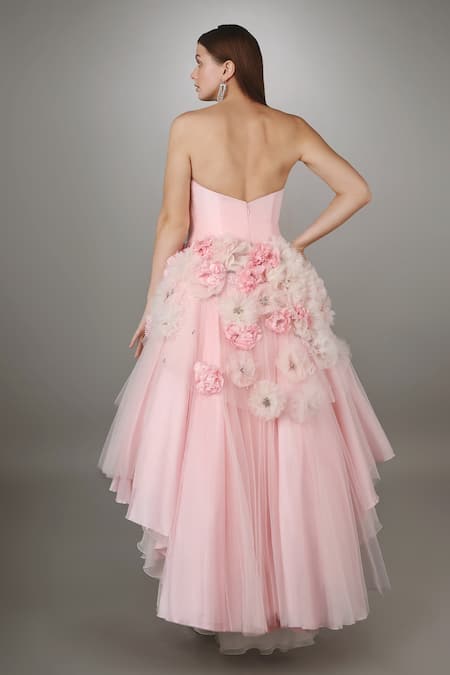 Shop Anjum Qureshi Pink Silk, Organza, Net Floral Embroidered Textured Gown at Aza Fashions Shop_Anjum Qureshi_Pink Silk, Organza, Net Floral Embroidered Textured Gown _at_Aza_Fashions