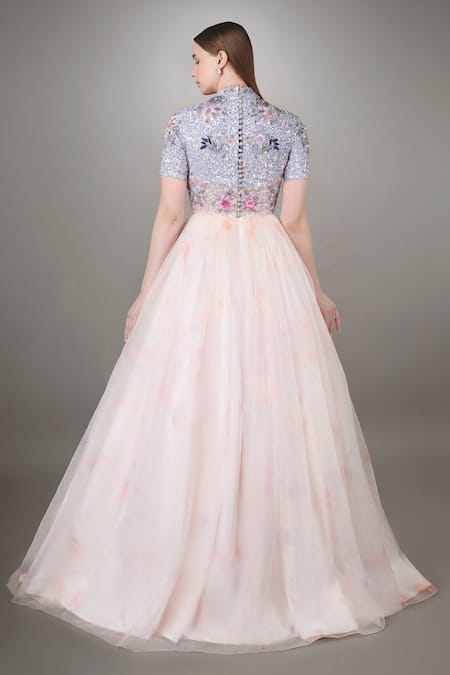 Shop Anjum Qureshi Blue Organza, Net Floral, Sequins Work High Neck Embroidered Bodice Gown at Aza Fashions Shop_Anjum Qureshi_Blue Organza, Net Floral, Sequins Work High Neck Embroidered Bodice Gown _at_Aza_Fashions