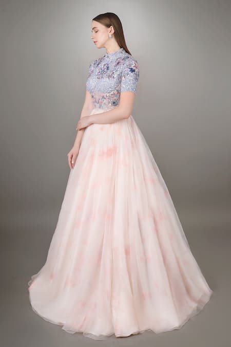 Anjum Qureshi Blue Organza, Net Floral, Sequins Work High Neck Embroidered Bodice Gown Online at Aza Fashions Anjum Qureshi_Blue Organza, Net Floral, Sequins Work High Neck Embroidered Bodice Gown _Online_at_Aza_Fashions
