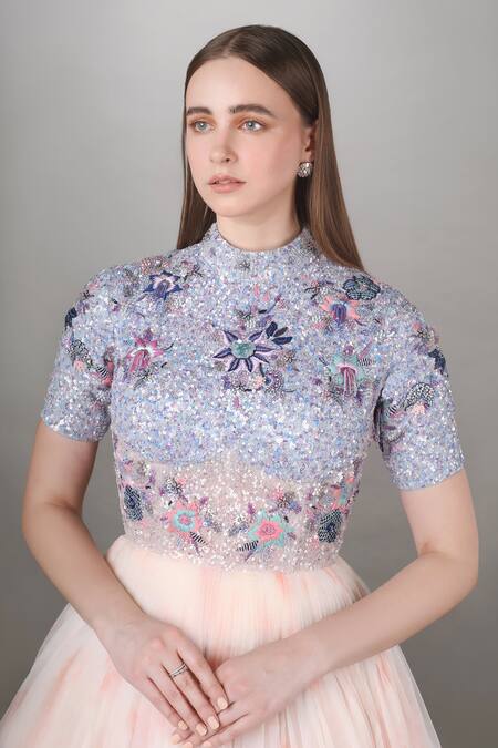 Buy Anjum Qureshi Blue Organza, Net Floral, Sequins Work High Neck Embroidered Bodice Gown Online at Aza Fashions Buy_Anjum Qureshi_Blue Organza, Net Floral, Sequins Work High Neck Embroidered Bodice Gown _Online_at_Aza_Fashions