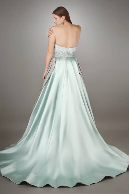 Shop Anjum Qureshi Grey Satin Self Work Asymmetric Hand Embroidered Structured Gown at Aza Fashions Shop_Anjum Qureshi_Grey Satin Self Work Asymmetric Hand Embroidered Structured Gown _at_Aza_Fashions