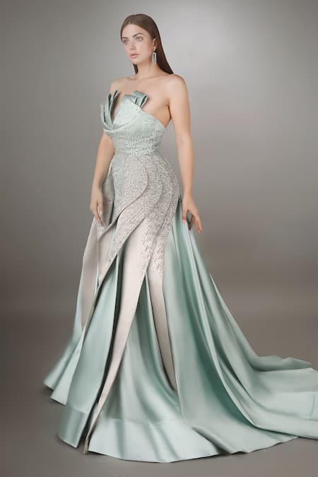 Anjum Qureshi Grey Satin Self Work Asymmetric Hand Embroidered Structured Gown Online at Aza Fashions Anjum Qureshi_Grey Satin Self Work Asymmetric Hand Embroidered Structured Gown _Online_at_Aza_Fashions