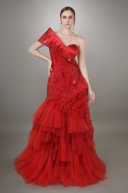 Anjum Qureshi Self Embroidered Ruffle Mermaid Gown 