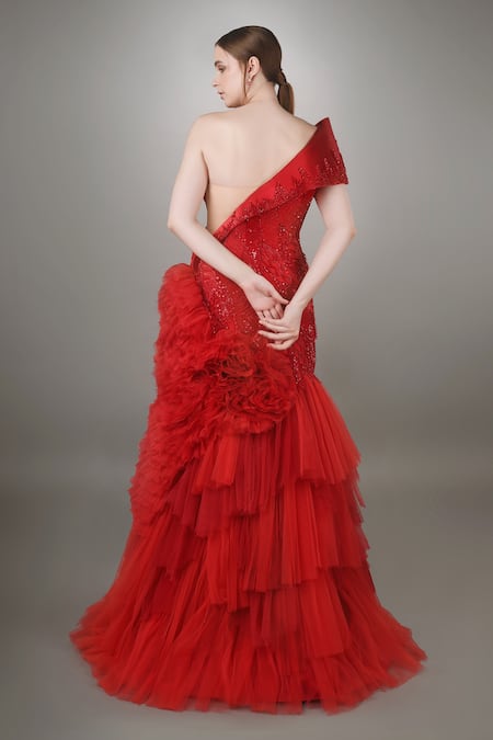 Anjum Qureshi Self Embroidered Ruffle Mermaid Gown 