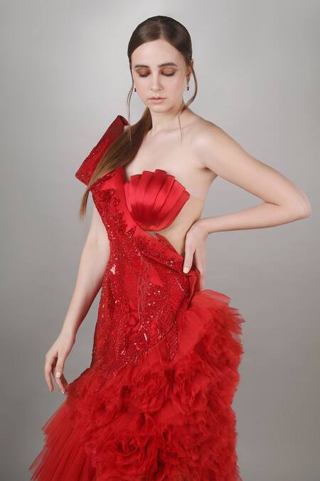 Buy_Anjum Qureshi_Red Satin, Net And Organza One Shoulder Self Embroidered Ruffle Mermaid Gown _Online_at_Aza_Fashions