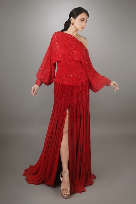 Anjum Qureshi Red Georgette Hand Embroidered Geometric Work One Poncho Style Ruffle Gown 