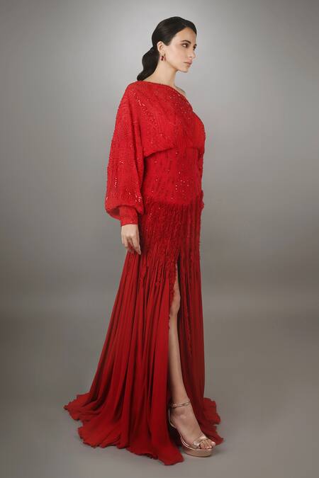 Anjum Qureshi_Red Georgette Geometric Work One Shoulder Poncho Style Ruffle Gown _Online_at_Aza_Fashions