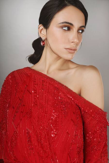 Buy_Anjum Qureshi_Red Georgette Geometric Work One Shoulder Poncho Style Ruffle Gown _Online_at_Aza_Fashions