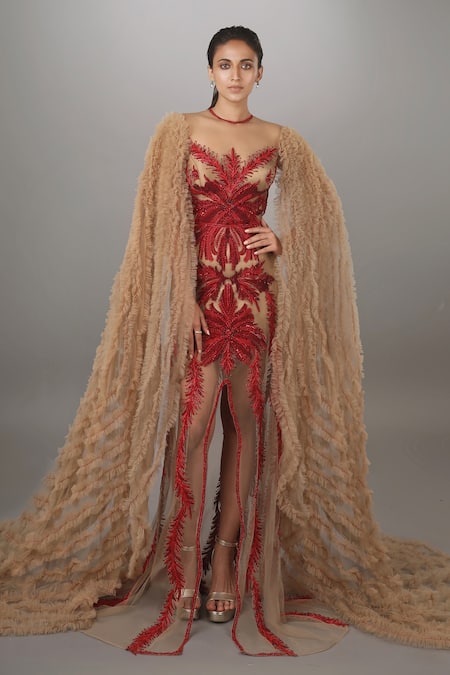 Anjum Qureshi Ruffled Waterfall Sleeve Gown 