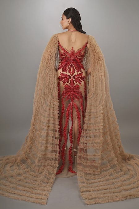 Anjum Qureshi Ruffled Waterfall Sleeve Gown 