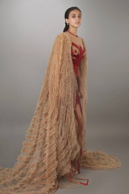 Anjum Qureshi_Red Net Round Ruffled Waterfall Sleeve Gown _Online_at_Aza_Fashions