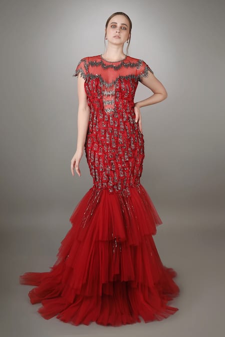 Anjum Qureshi Fray Textured Mermaid Gown 