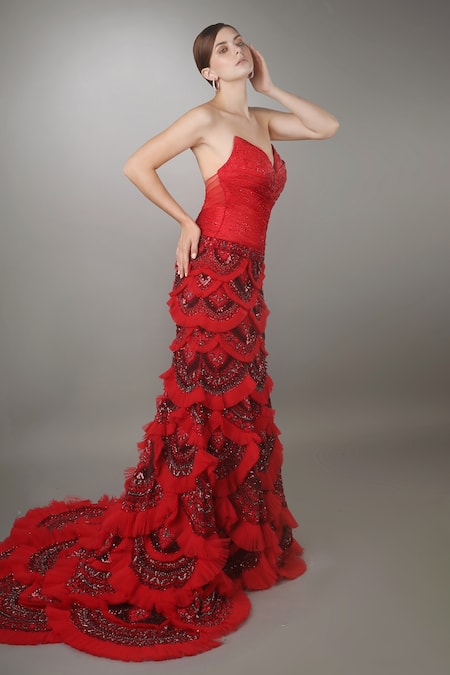 Anjum Qureshi_Red Satin, Net And Organza Self & Sculpted Bodice Embroidered Mermaid Gown _Online_at_Aza_Fashions