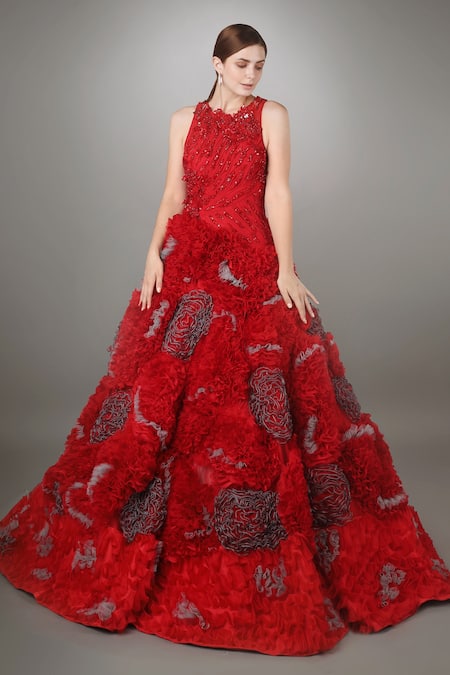 Anjum Qureshi Ruffle Textured Ball Gown 