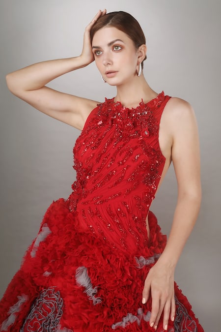 Buy_Anjum Qureshi_Red Georgette, Satin And Net 3d Appliques Round Ruffle Textured Ball Gown _Online_at_Aza_Fashions