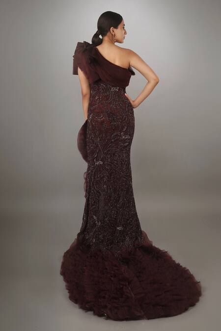Shop_Anjum Qureshi_Wine Net And Organza Metallic Work, Self One Sculpted Bodice Embroidered Gown _at_Aza_Fashions