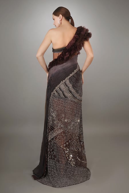 Shop_Anjum Qureshi_Wine Organza And Crepe Floral, Metallic Work One Shoulder Embroidered Sheath Gown _at_Aza_Fashions
