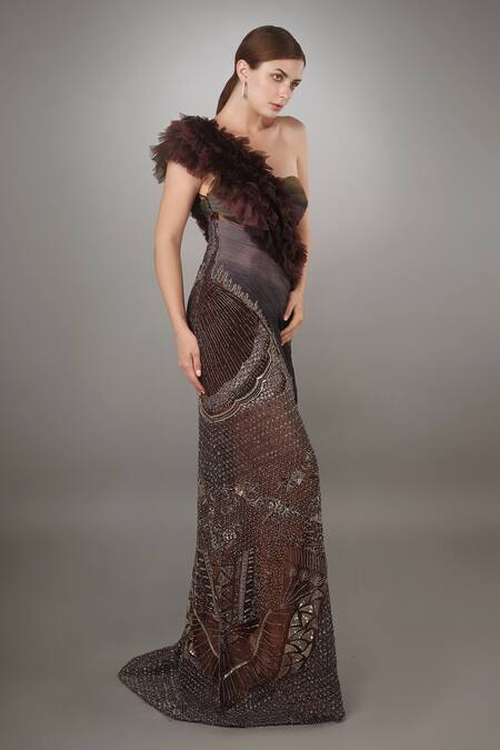 Anjum Qureshi_Wine Organza And Crepe Floral, Metallic Work One Shoulder Embroidered Sheath Gown _Online_at_Aza_Fashions