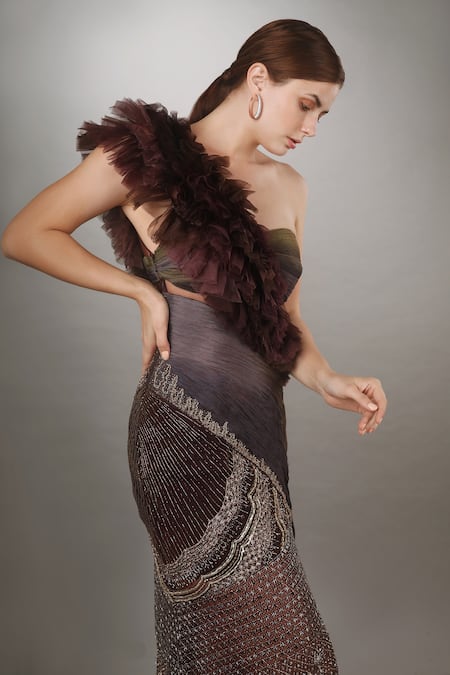 Buy_Anjum Qureshi_Wine Organza And Crepe Floral, Metallic Work One Shoulder Embroidered Sheath Gown _Online_at_Aza_Fashions