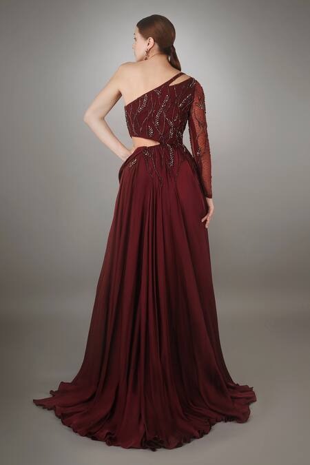 Shop_Anjum Qureshi_Wine Net And Satin Embroidered Abstract Floral Motifs One Draped Gown _at_Aza_Fashions